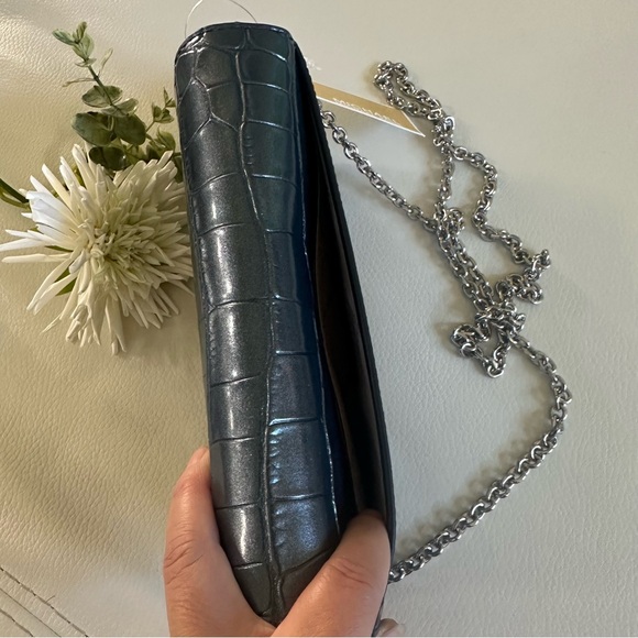 NWT Michael Michael Kors Croco Embossed Silver Hardware Mona Large E/W Clutch - Picture 11 of 16